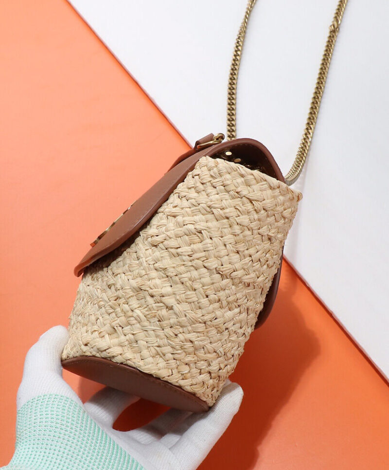 Saint Laurent Mini Manon In Raffia And Aged Vegetable-Tanned Leather Coffee